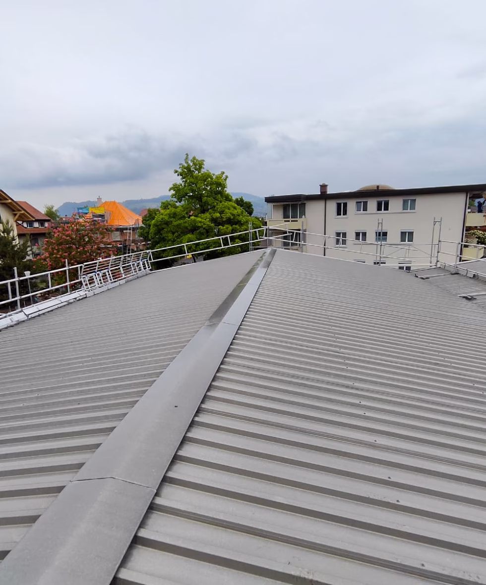 Dachfanggerüst mit Schutzwand an einem sanierten Steildach – gebrandete Beläge