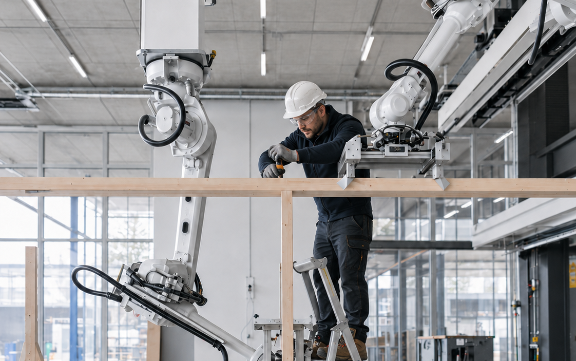 An engineer working inside an industrial robotic test cell