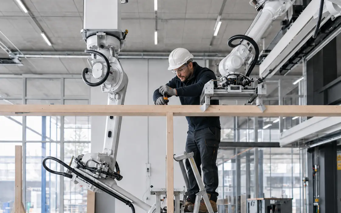 An engineer working inside an industrial robotic test cell