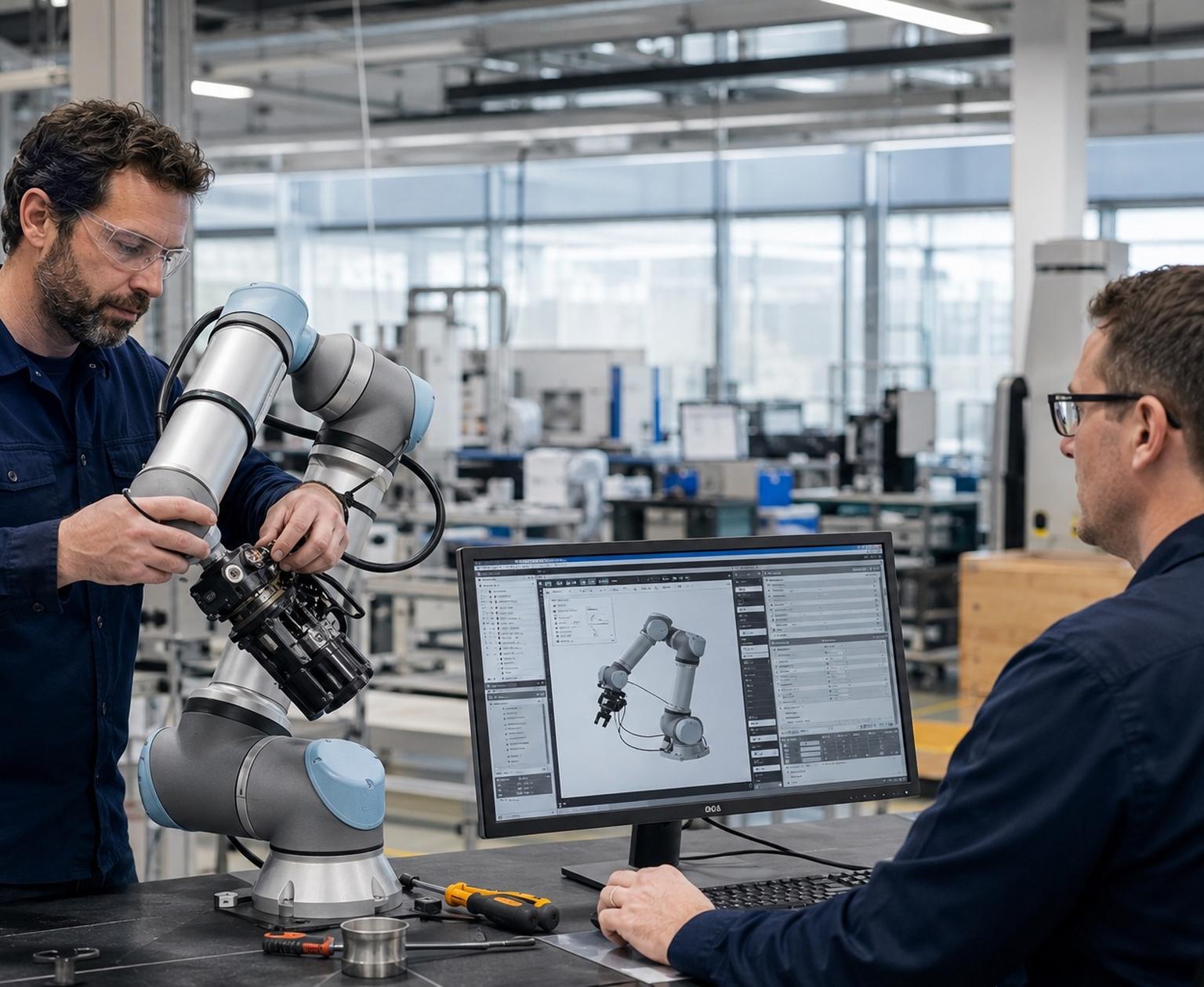 Two engineers reviewing technical drawings and test data at a workbench