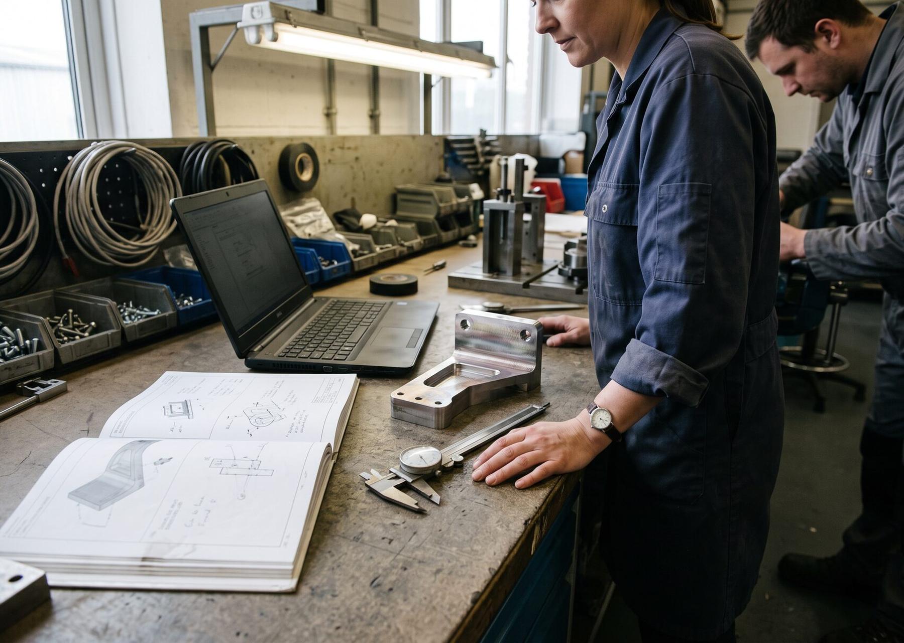 An engineer working through a technical document at a bench alongside a laptop
