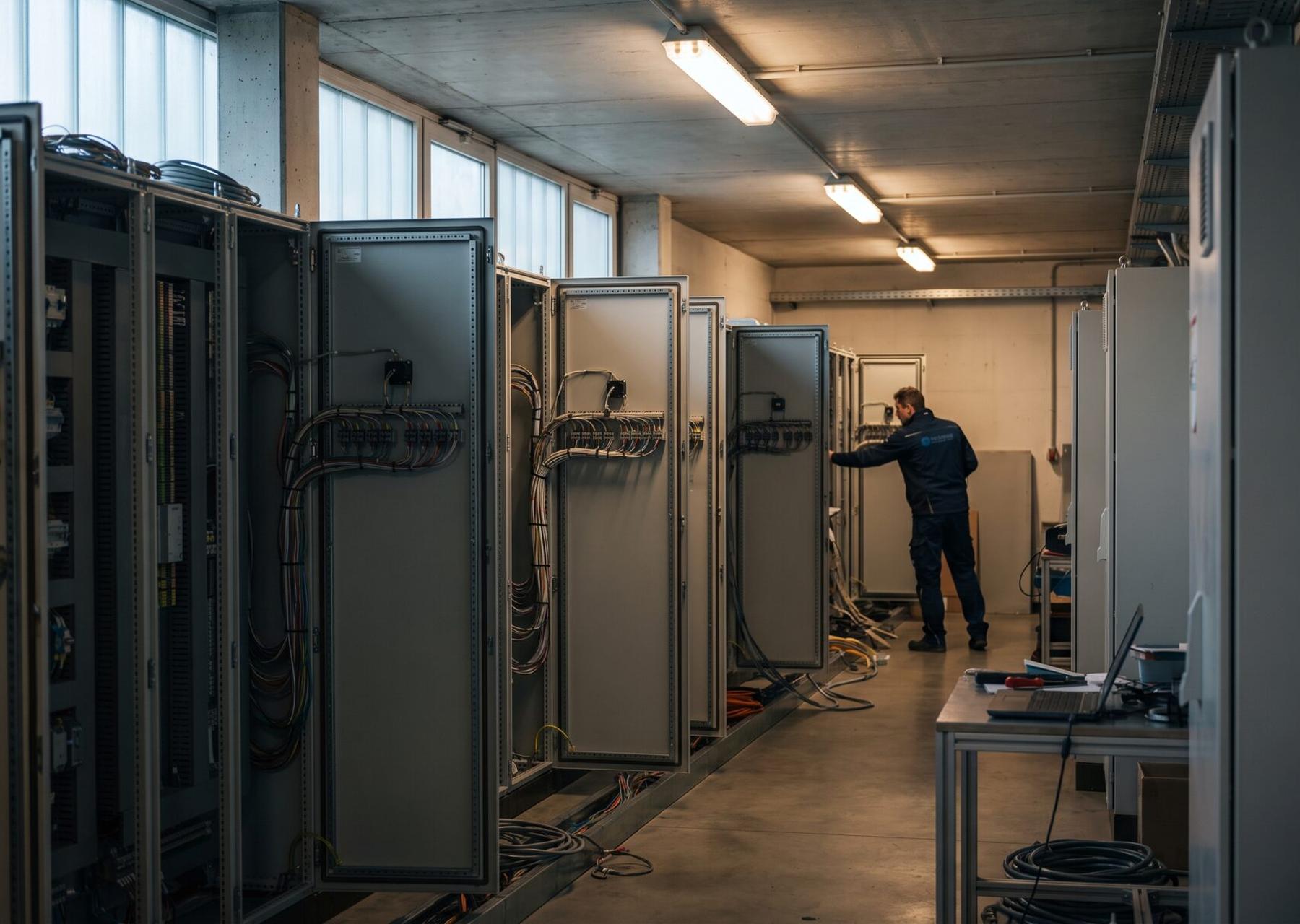A row of control cabinets with wiring looms and terminal blocks exposed for inspection