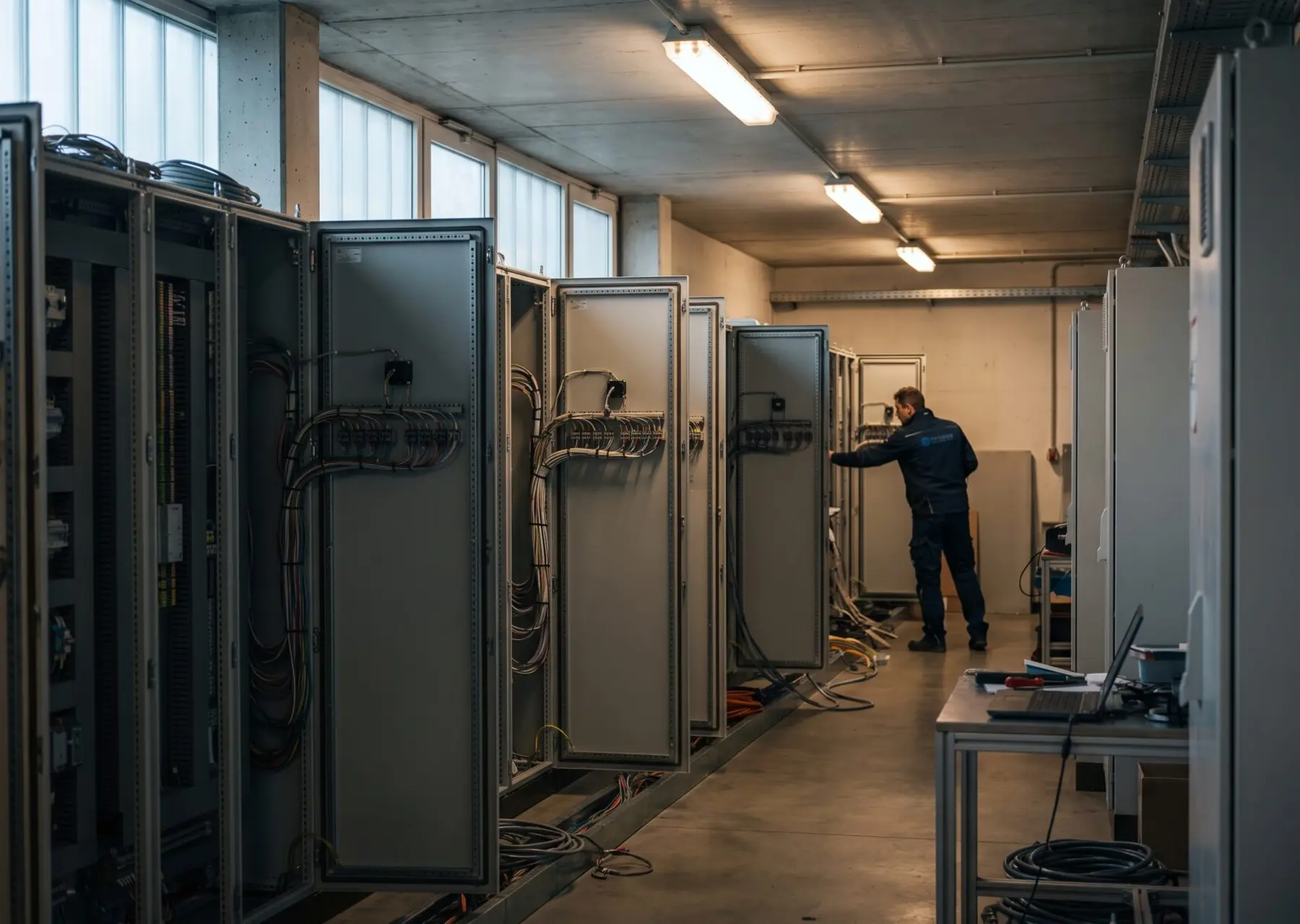 A row of control cabinets with wiring looms and terminal blocks exposed for inspection