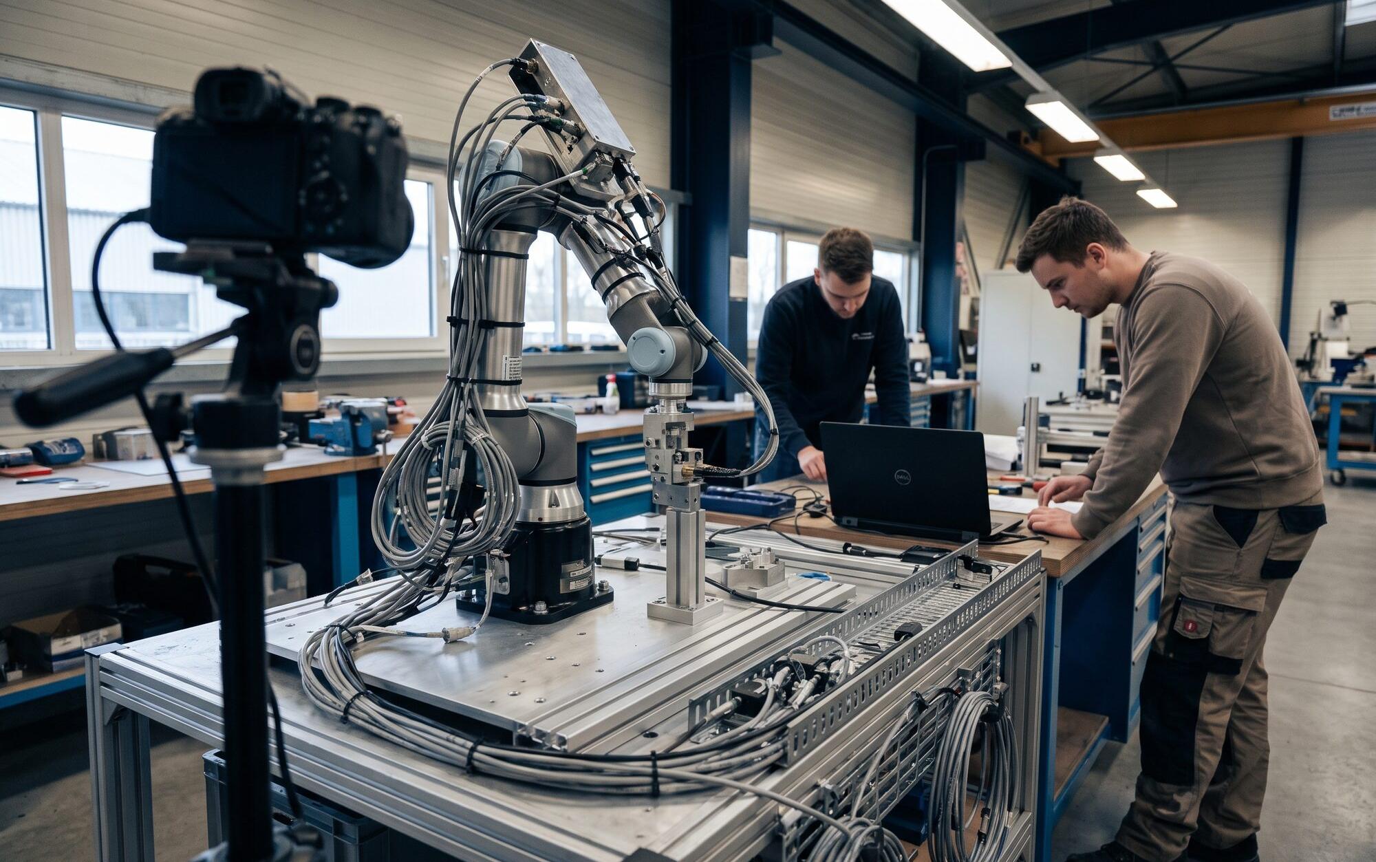 An instrumented robotic arm on a fixture plate with measurement cabling and a motion-capture camera