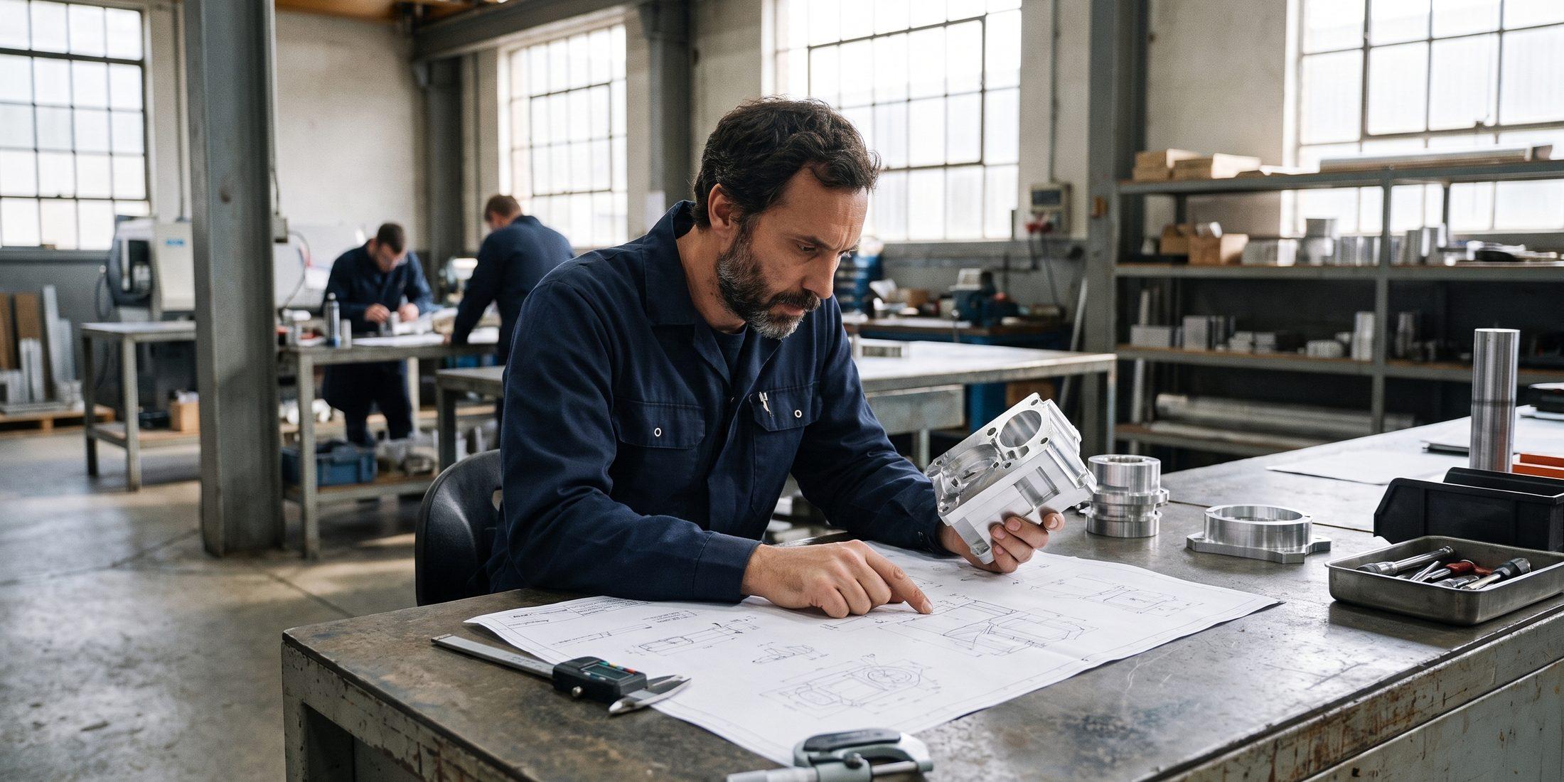An engineer at a workbench comparing a printed technical specification against a machined metal component