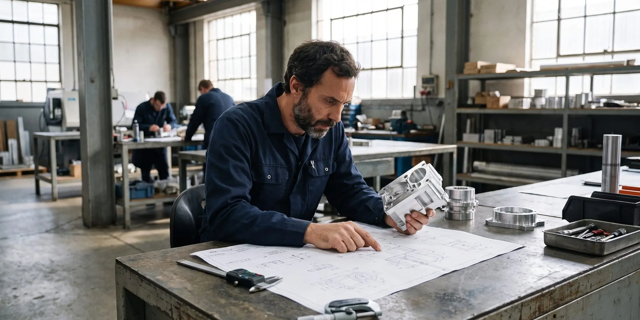 An engineer at a workbench comparing a printed technical specification against a machined metal component