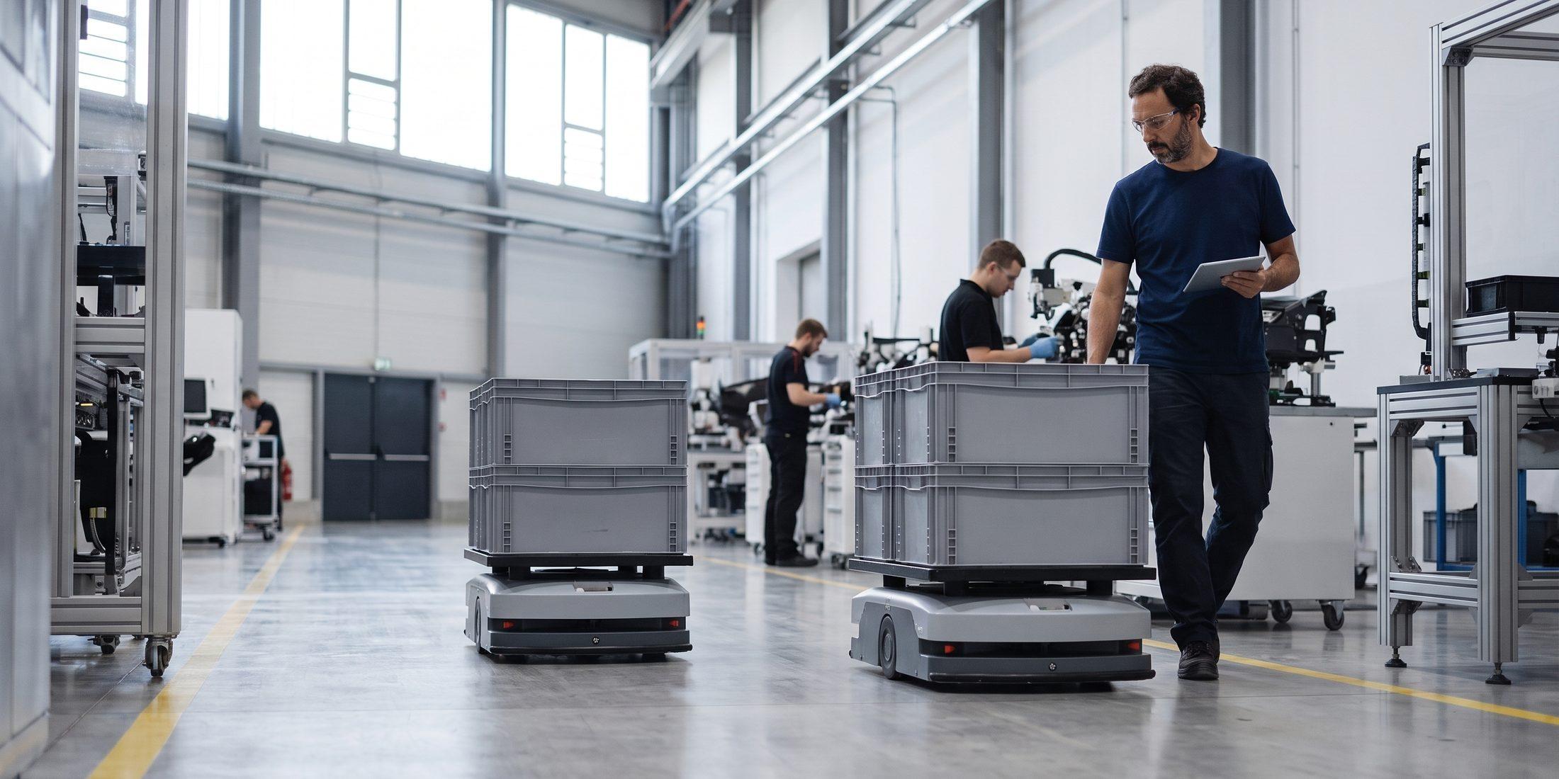 Autonomous mobile robots carrying totes along a marked aisle in a factory, a technician walking alongside
