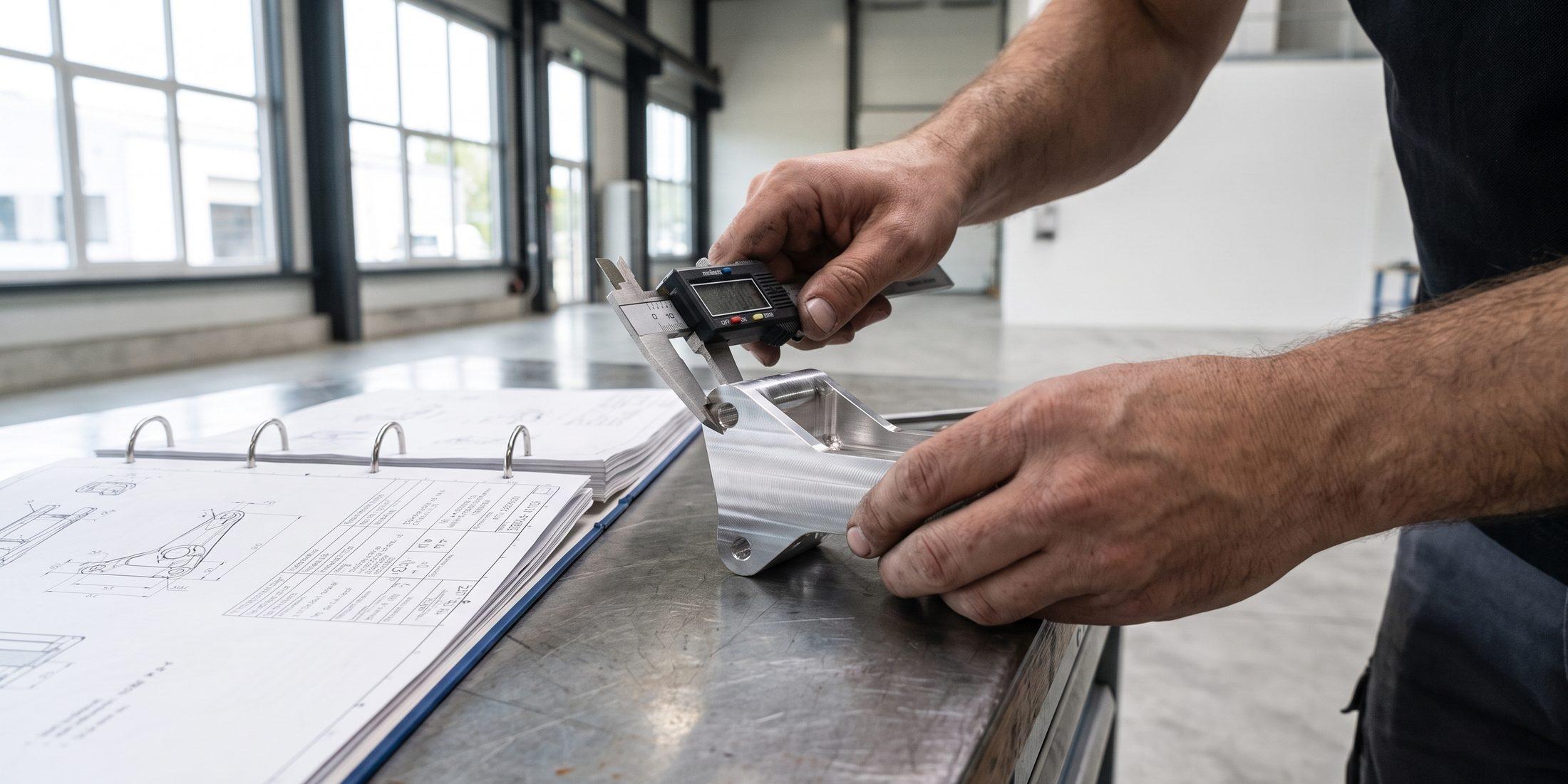 Close view of hands measuring a machined aluminium bracket with digital calipers beside an open technical binder