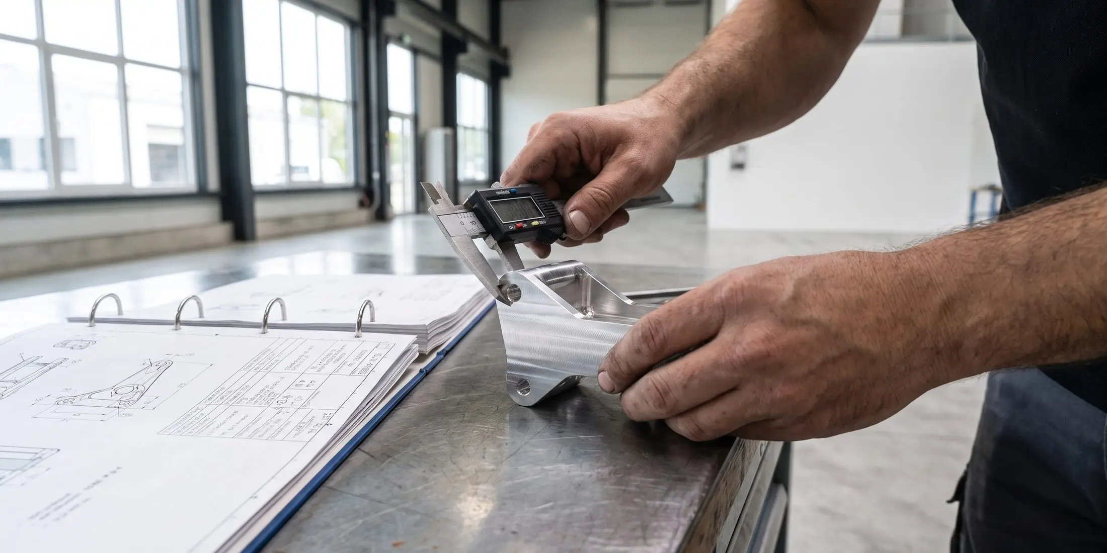 Close view of hands measuring a machined aluminium bracket with digital calipers beside an open technical binder