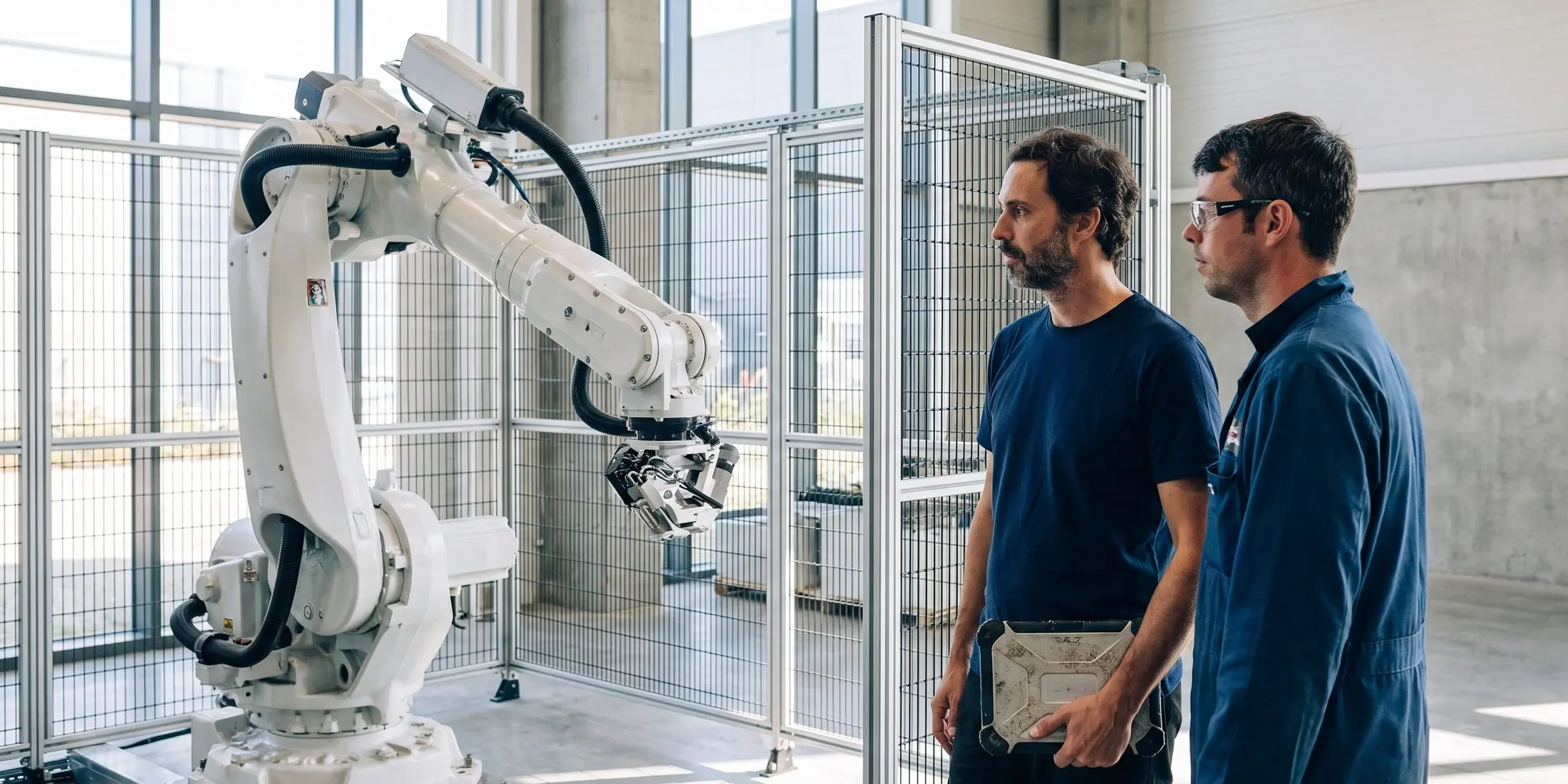 Two engineers observing an industrial robot arm move through its path from outside the safety fence