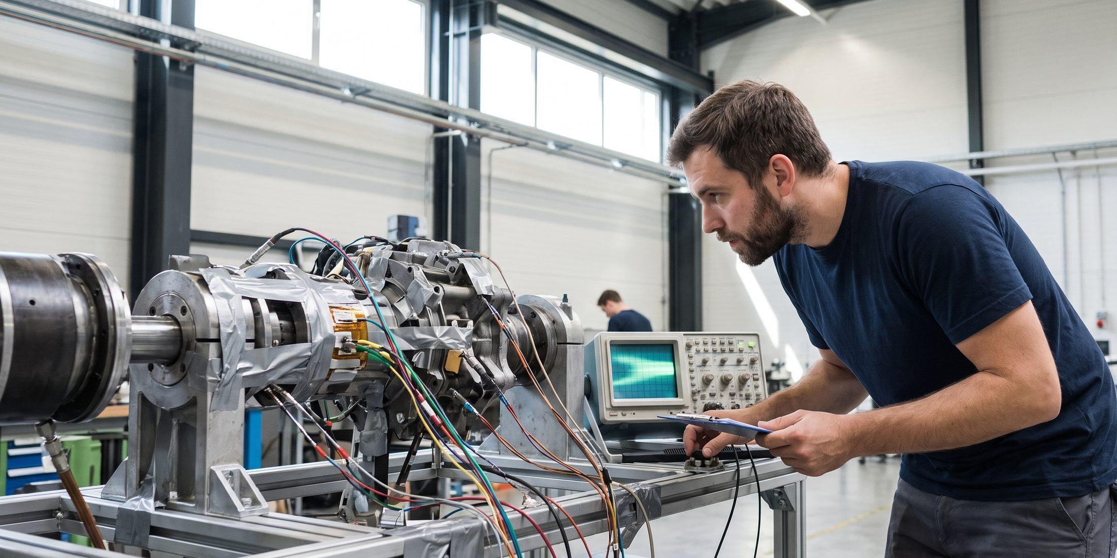 An engineer monitoring an instrumented test rig, measurement cables and sensors attached to a metal fixture