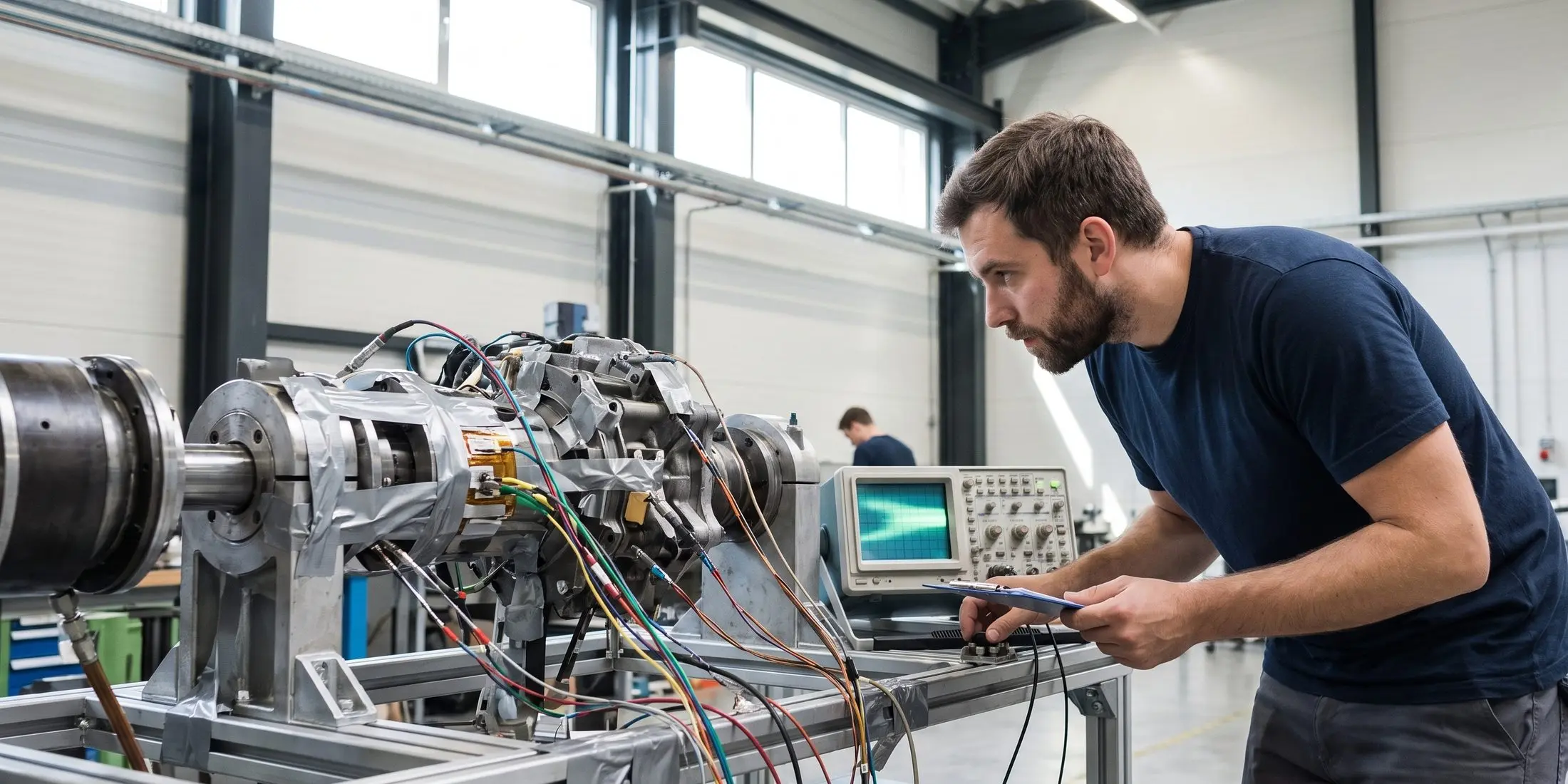An engineer monitoring an instrumented test rig, measurement cables and sensors attached to a metal fixture
