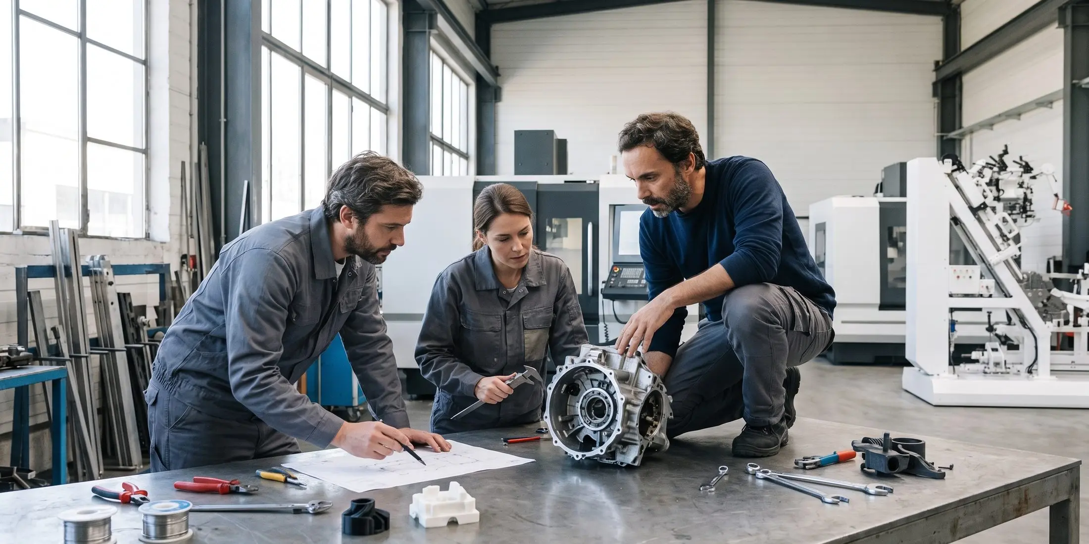 Three engineers gathered at a workbench in a daylit workshop, reviewing a component together