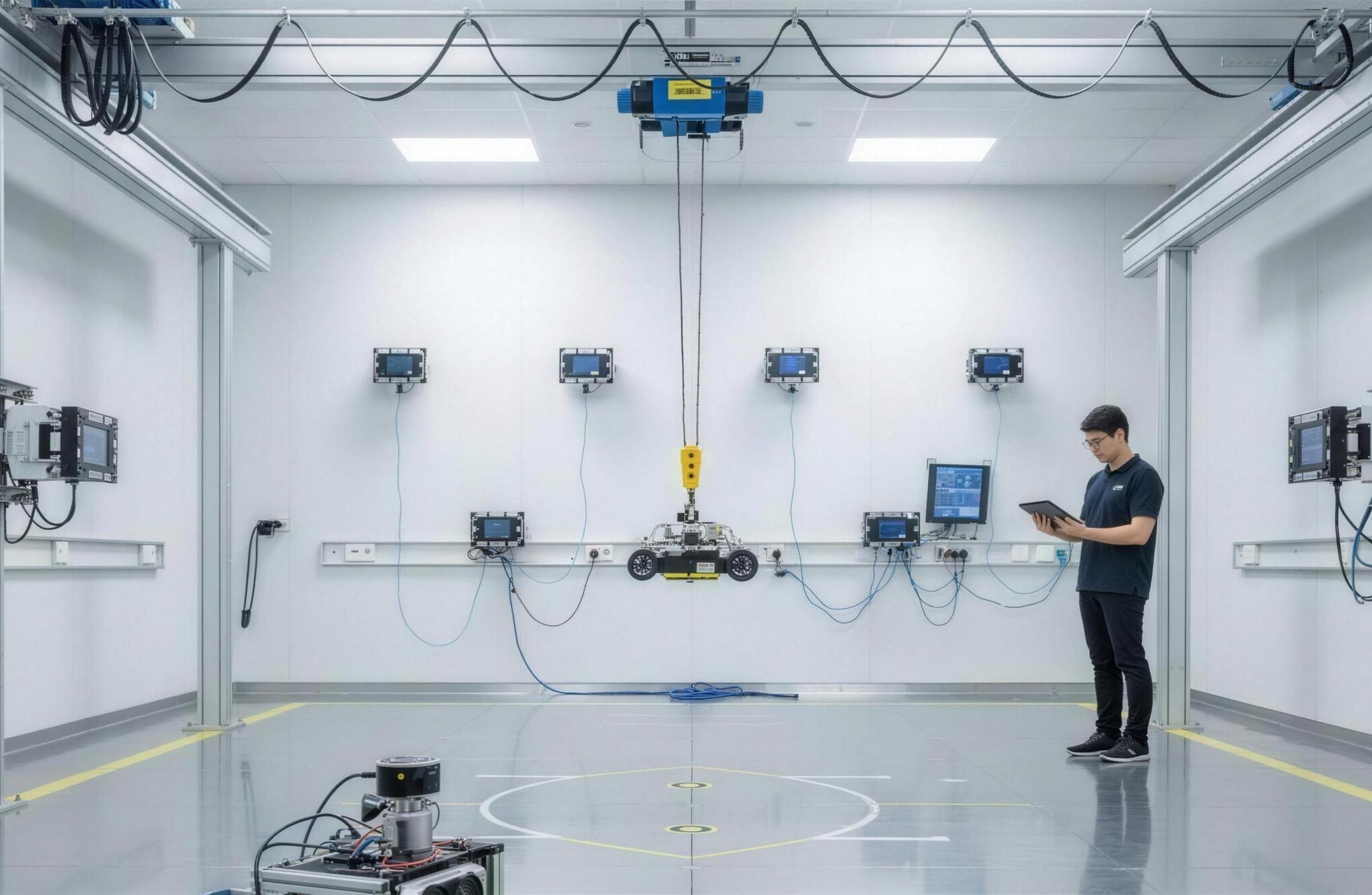 Fennec's automated test cell: a mobile robot suspended on a gantry inside an instrumented white chamber, surrounded by motion-capture cameras, with an engineer running the test from a tablet