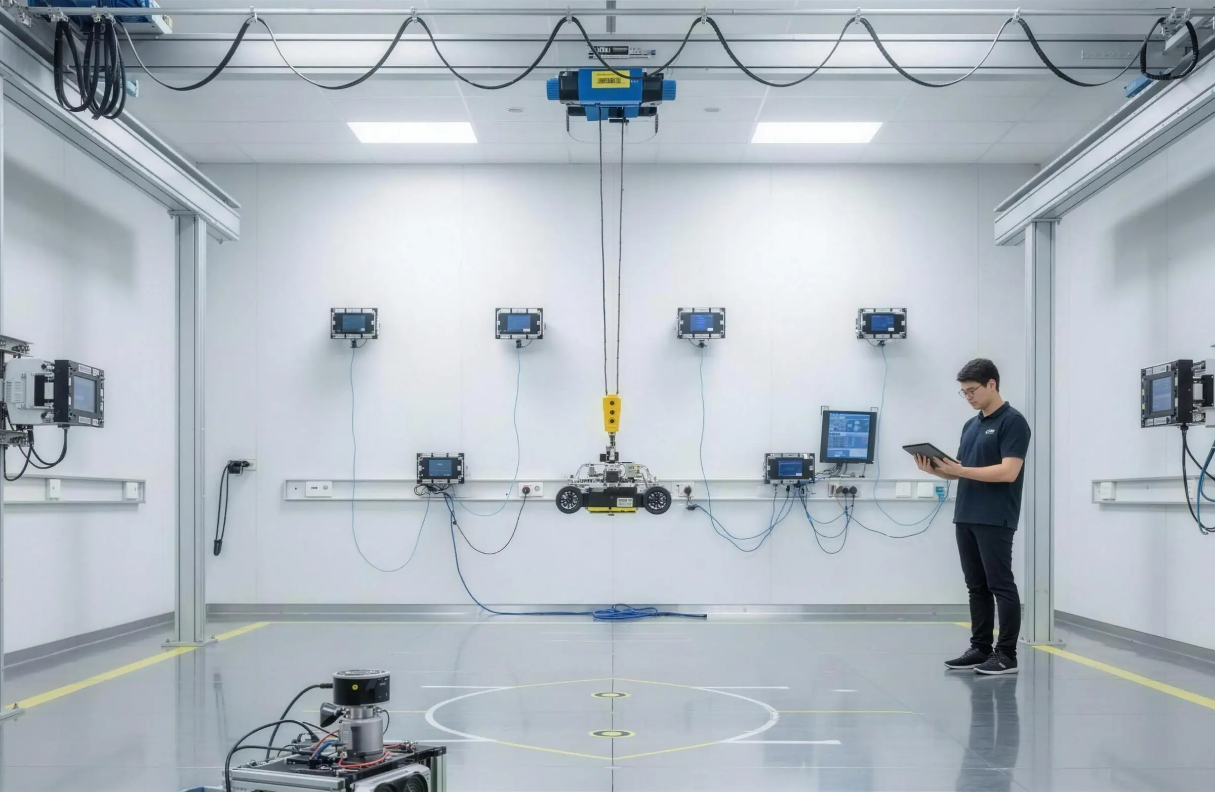 Fennec's automated test cell: a mobile robot suspended on a gantry inside an instrumented white chamber, surrounded by motion-capture cameras, with an engineer running the test from a tablet