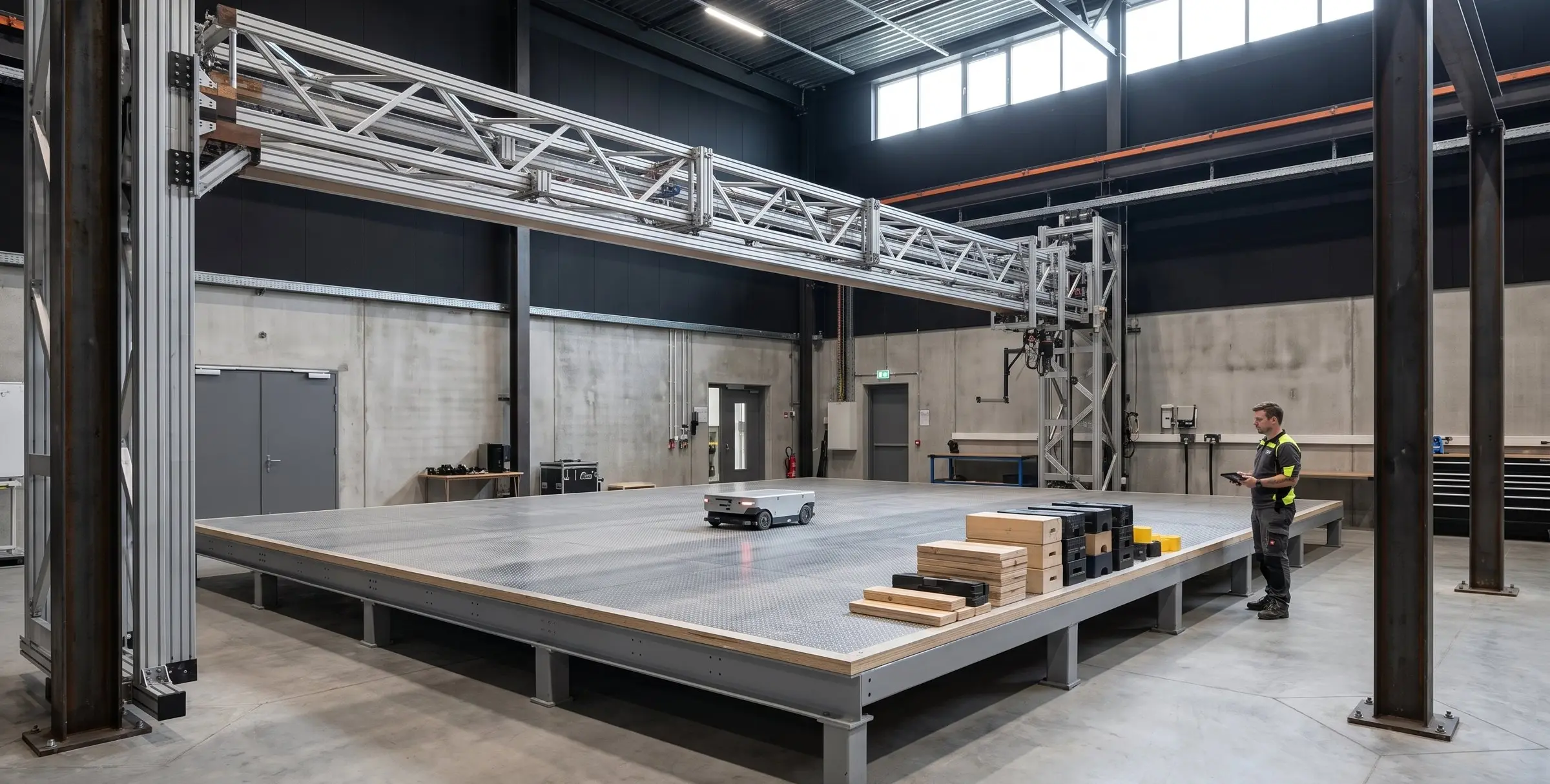 A robot test hall: a small mobile robot crossing a raised test platform with obstacle blocks, an overhead gantry truss, and a technician with a tablet watching