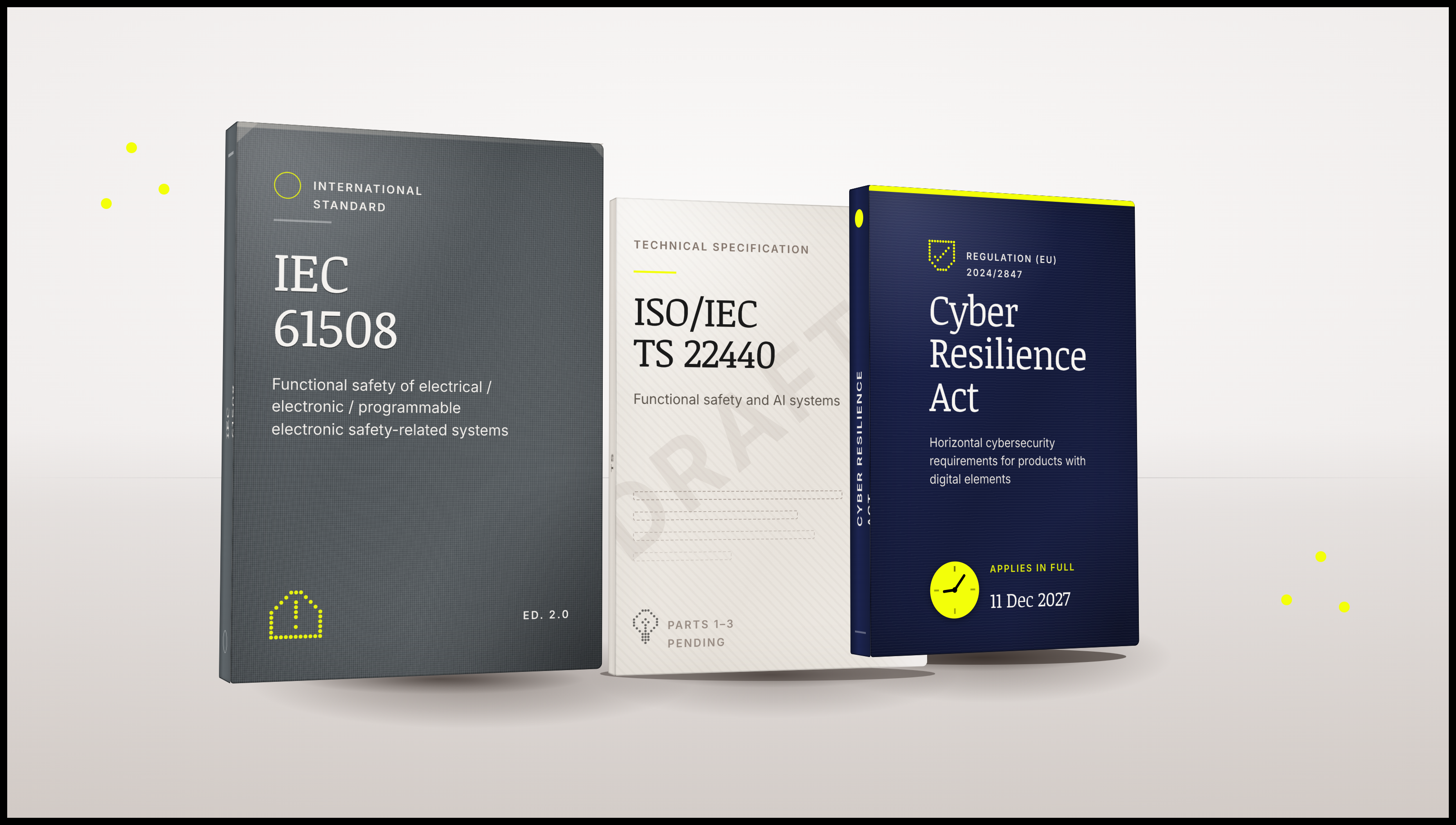 Three illustrated rulebooks: IEC 61508, ISO/IEC TS 22440, and the EU Cyber Resilience Act.