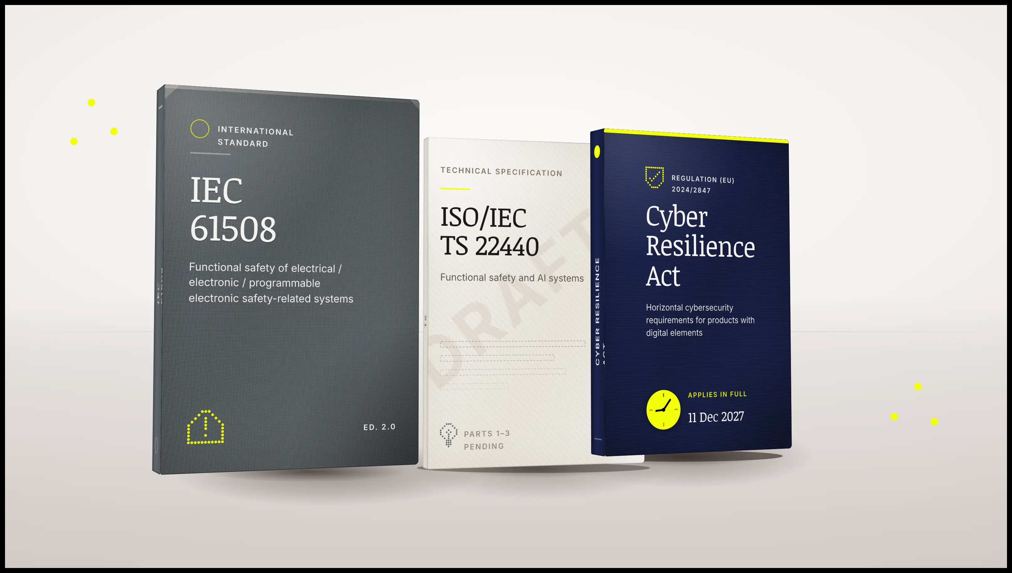 Three illustrated rulebooks: IEC 61508, ISO/IEC TS 22440, and the EU Cyber Resilience Act.