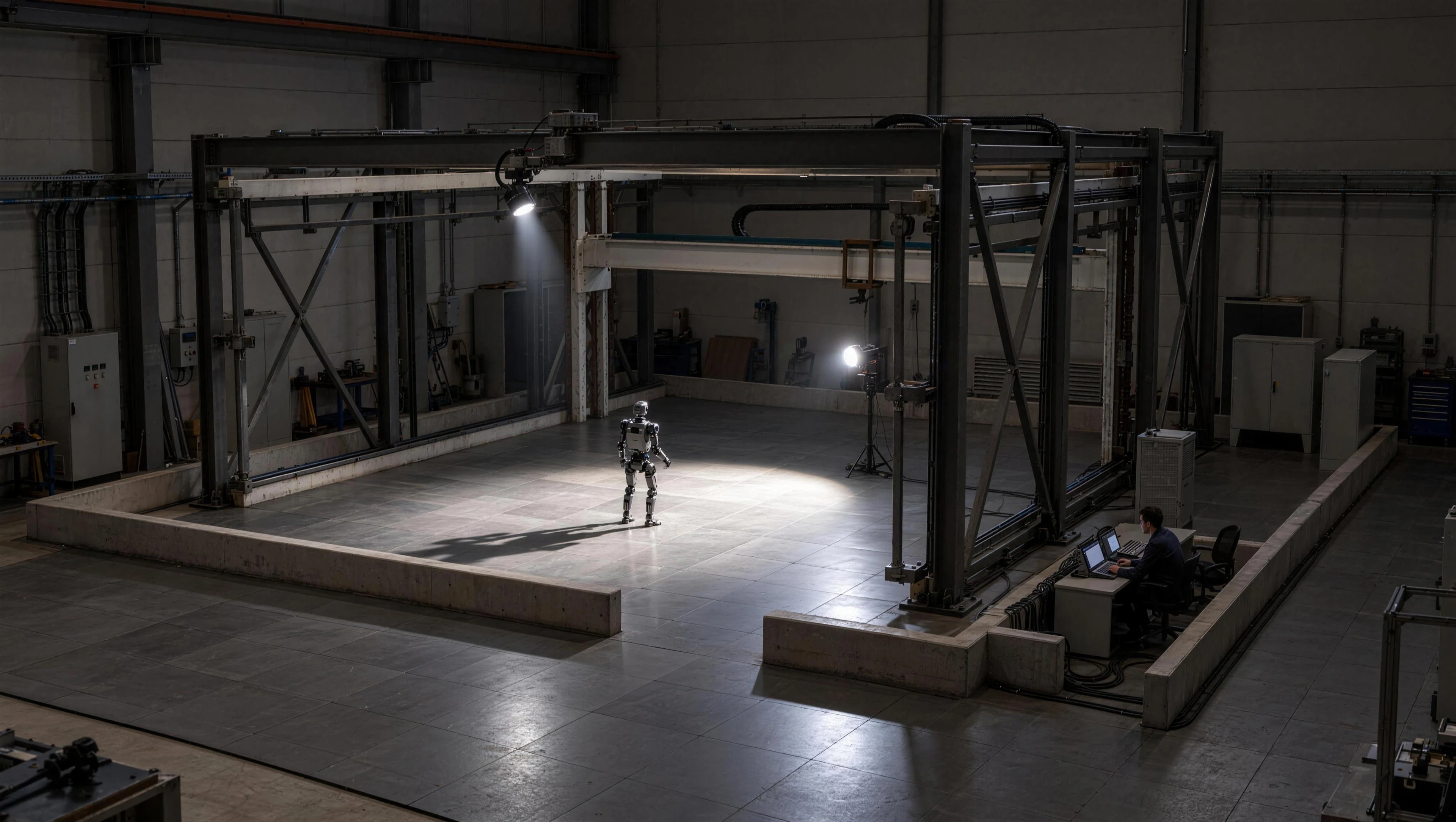 Humanoid robot under spotlights inside a test cell with an operator at a workstation.