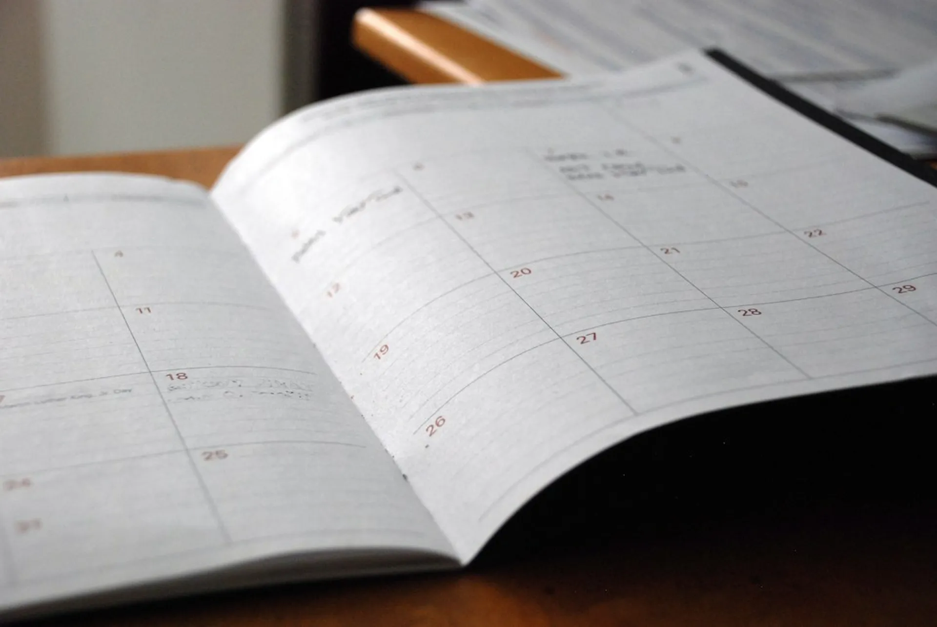 An open planner with a monthly calendar
