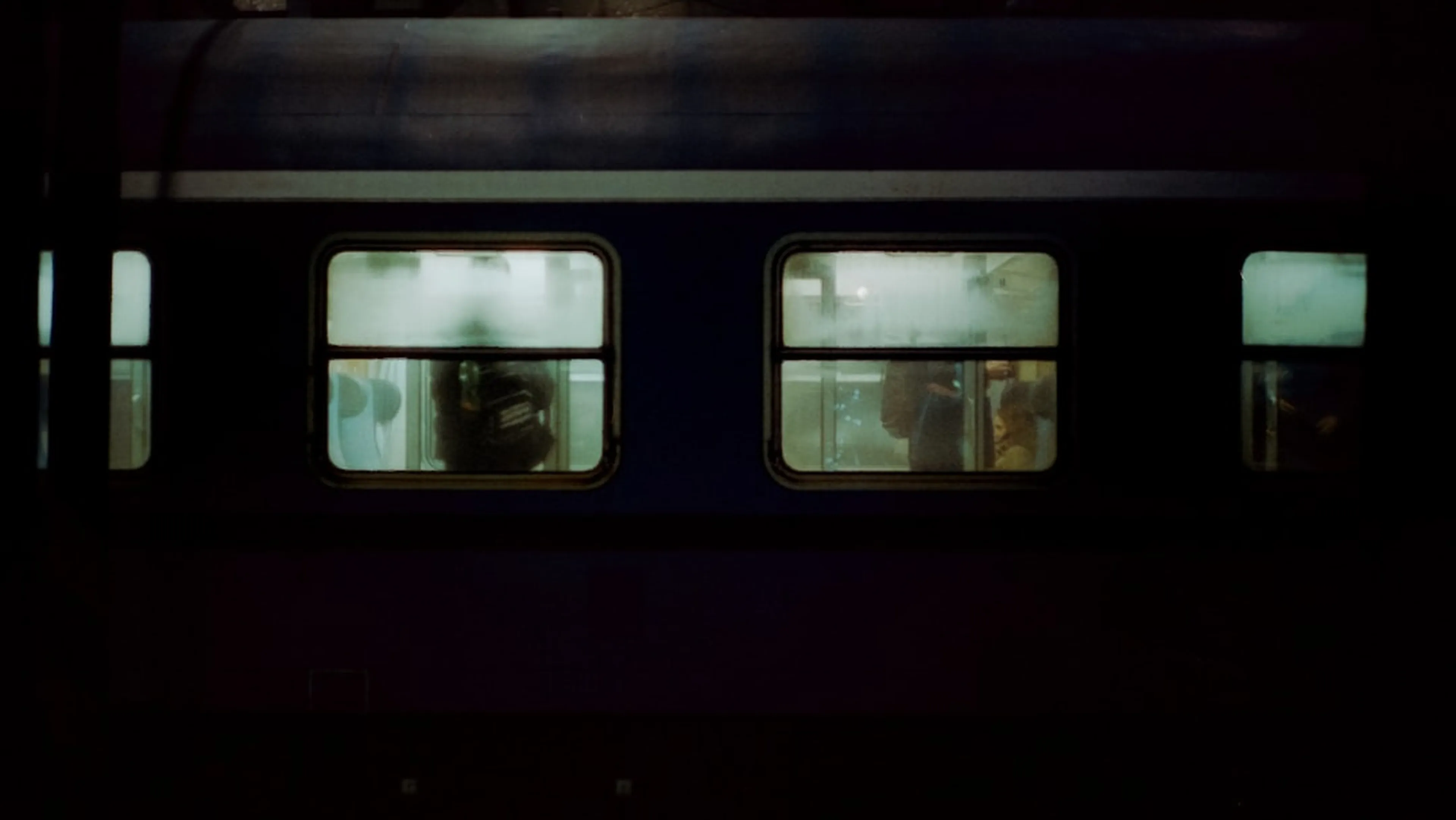 A night train carriage seen from the platform