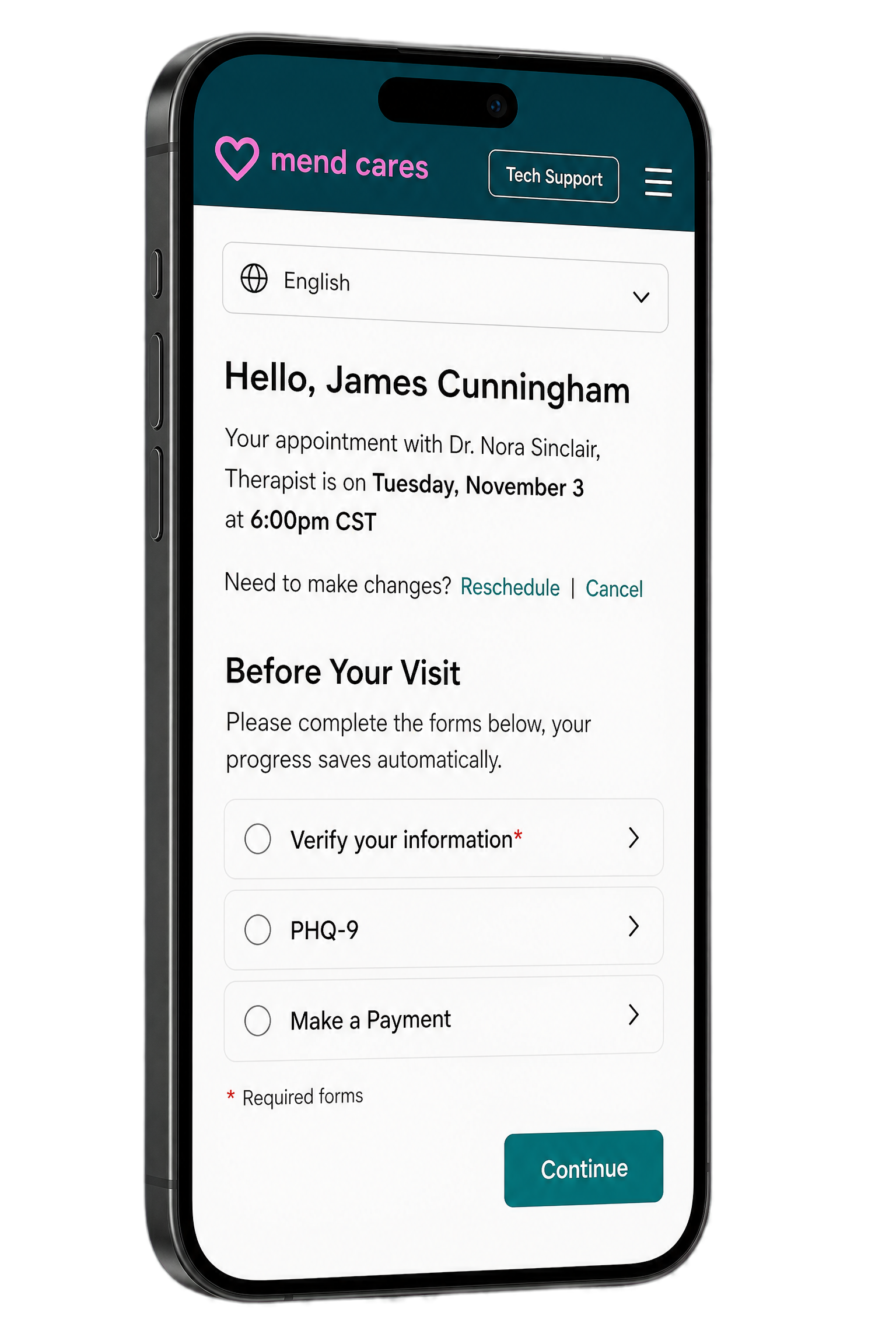 Mend patient app — appointment confirmation and pre-visit checklist