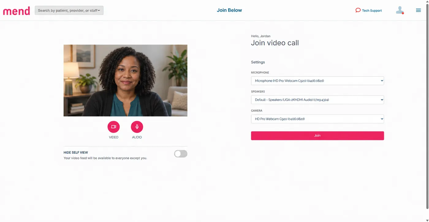 The Staff+ Join Page in Mend, showing a camera preview with video and audio toggles, and dropdowns for microphone, speaker and camera next to a Join button.
