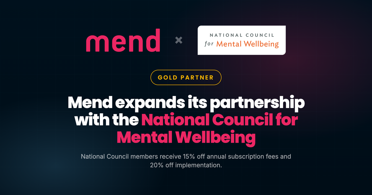 Mend and National Council for Mental Wellbeing logos above a Gold Partner badge and the words Mend expands its partnership with the National Council for Mental Wellbeing