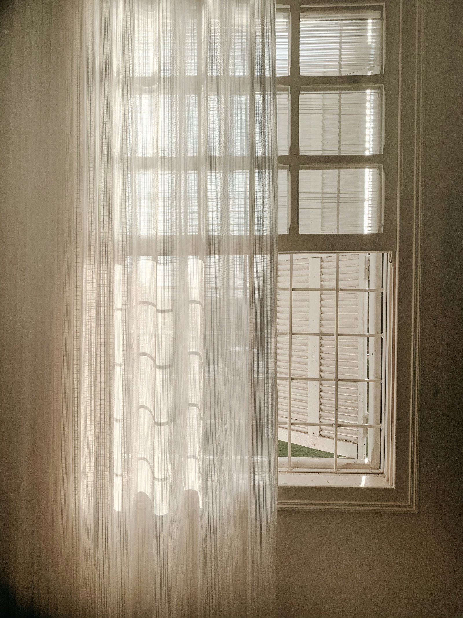 Morning light through a sheer curtain at a sash window.