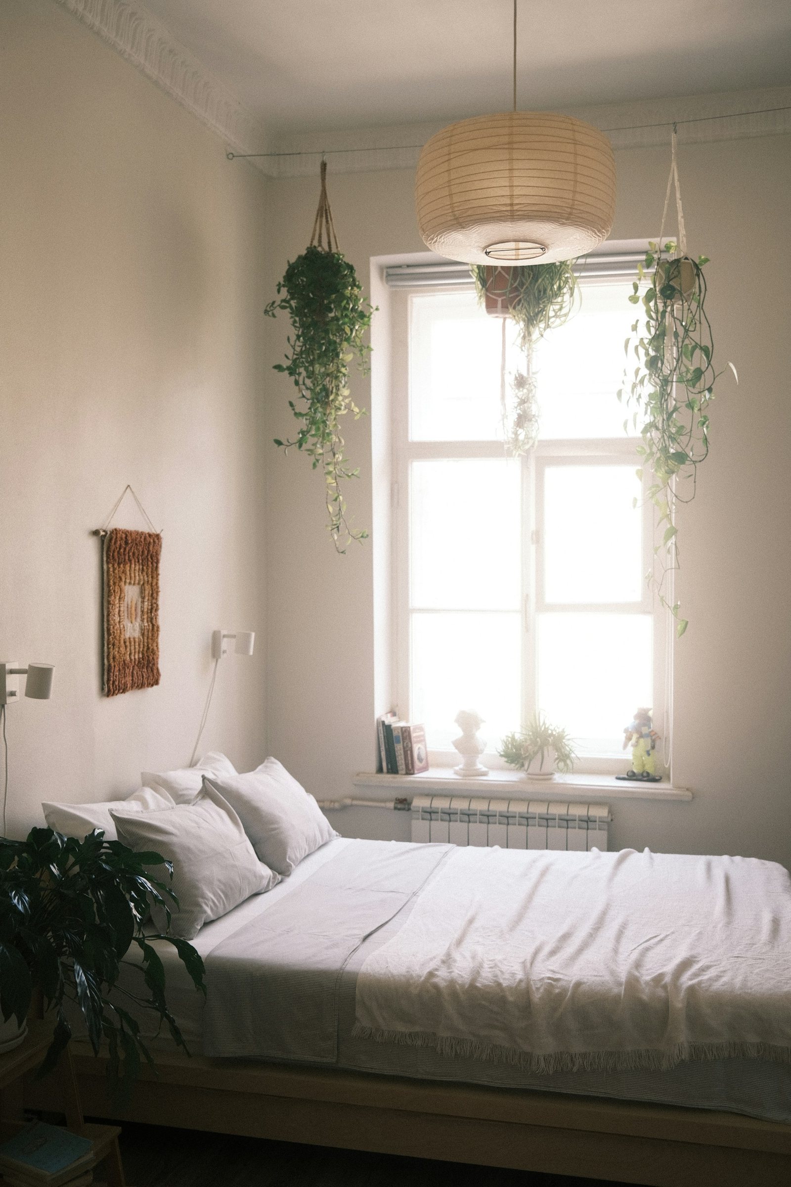Hanging plants around the bedroom window.