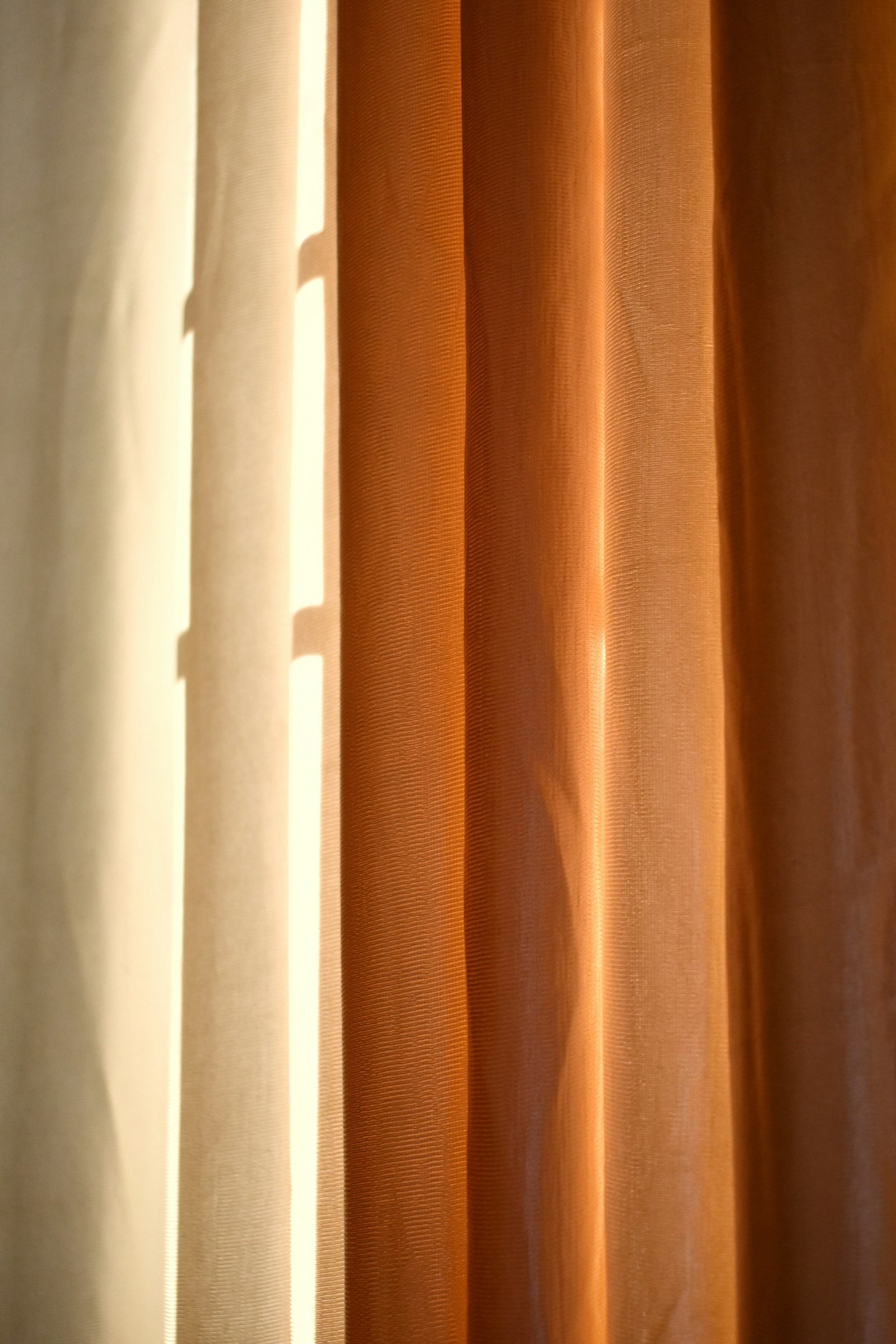 Soft light through cream and clay-toned curtains.