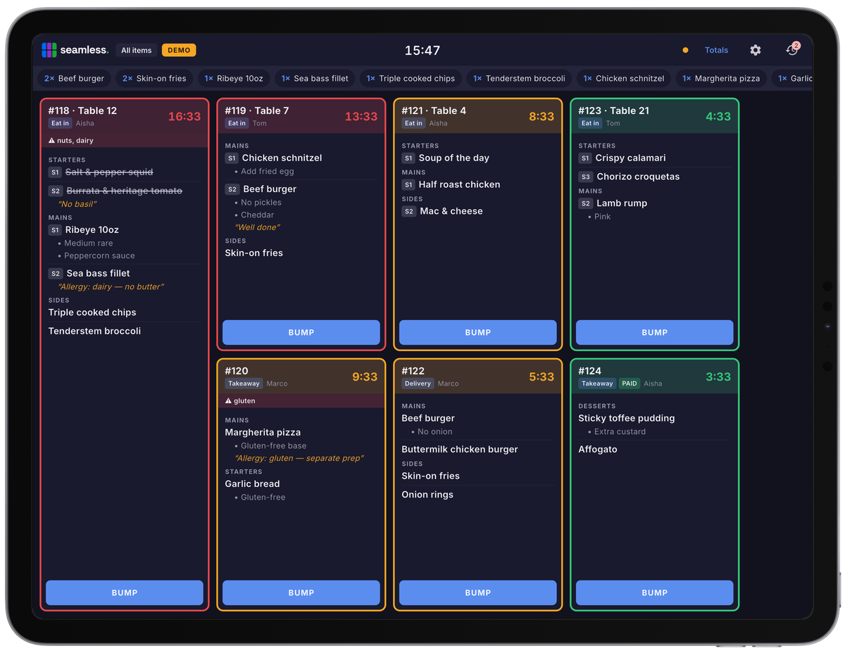 Seamless kitchen display showing takeaway and delivery tickets