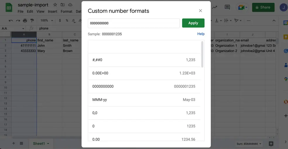 Screenshot showing custom number formatting in Google Sheets