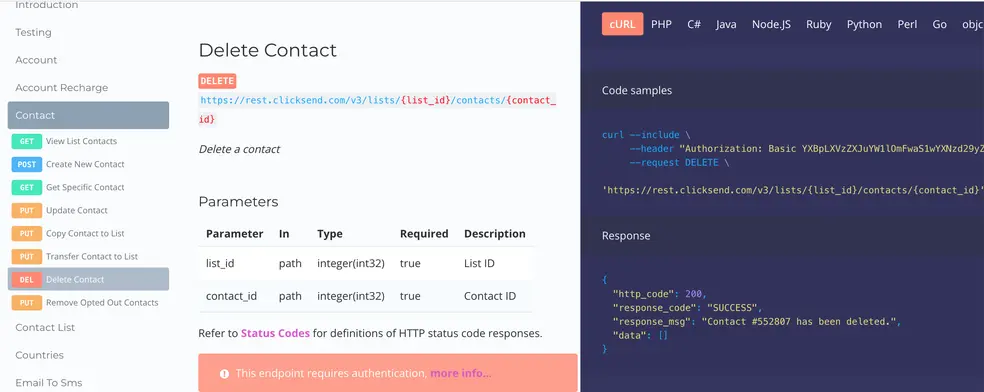 ClickSend documentation of the Delete Contact API