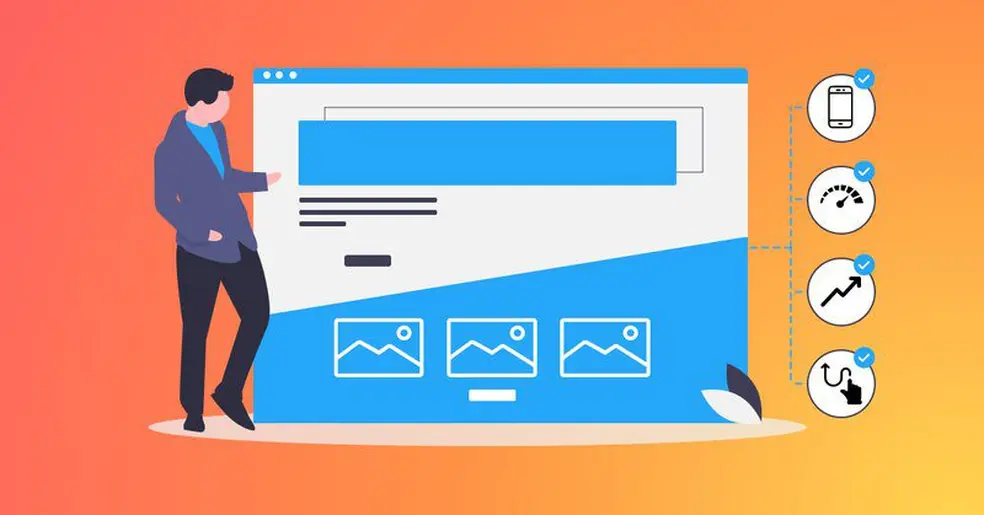 Graphic showing a man looking at a life size version of an ecommerce store