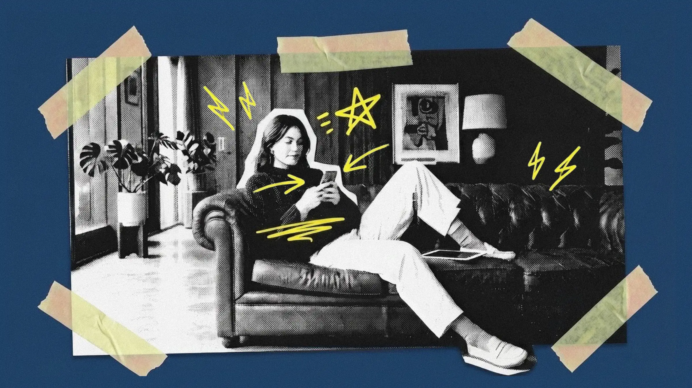 Woman on a couch sending text messages, black and white photo
