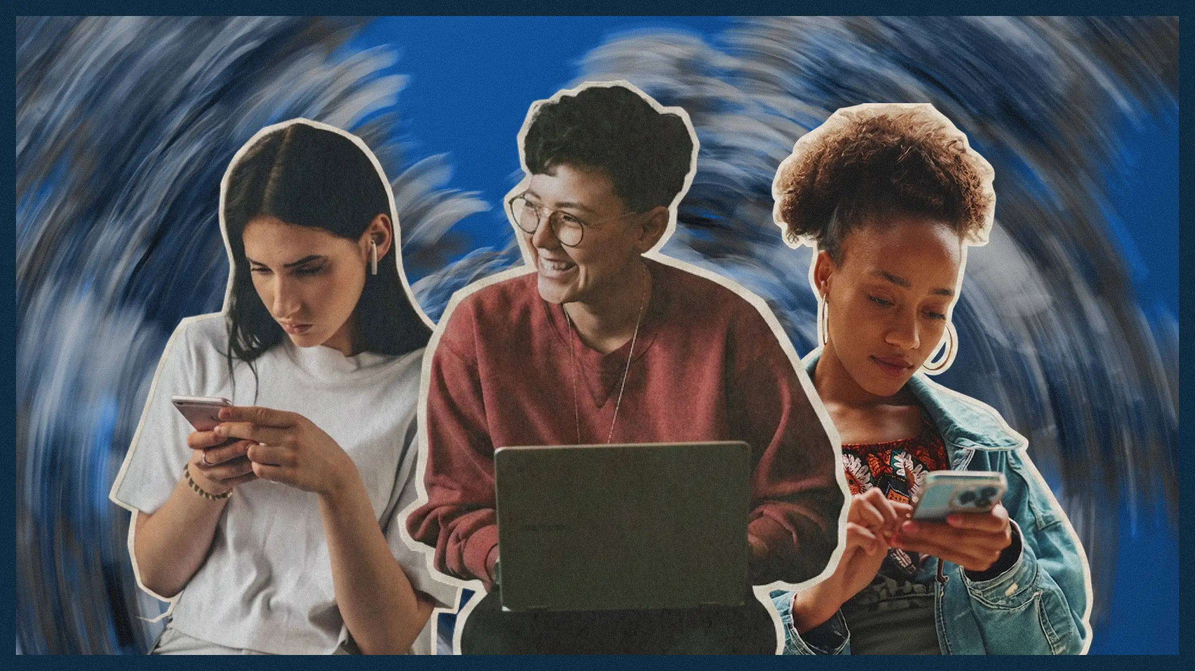 3 people researching business SMS platform options on their laptop or mobile phones