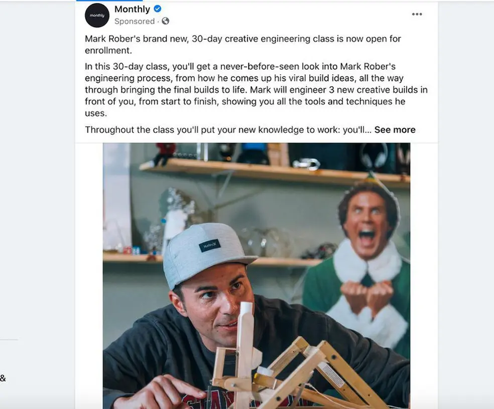 Retargeting Example from Monthly - Mark Rober class sponsored ad on Facebook