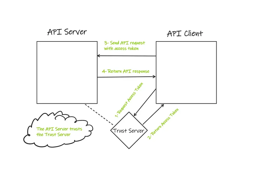 API trust server-based authentication diagram with request and return tokens to the trust server
