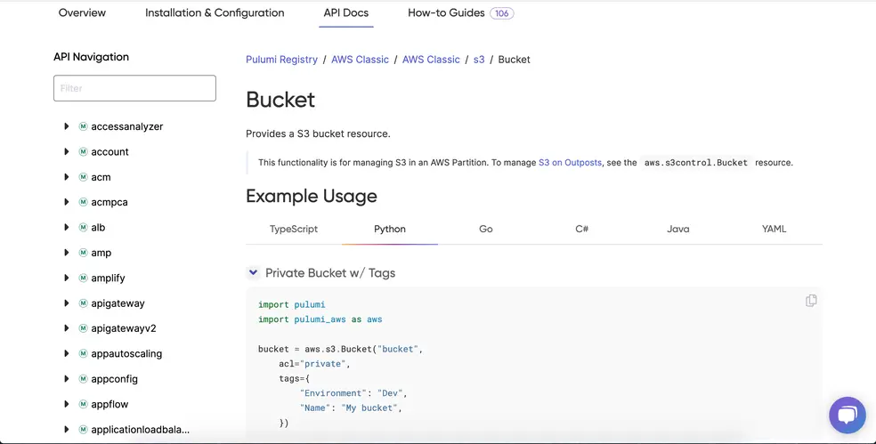 Pulumi documentation showing a tablist of code samples