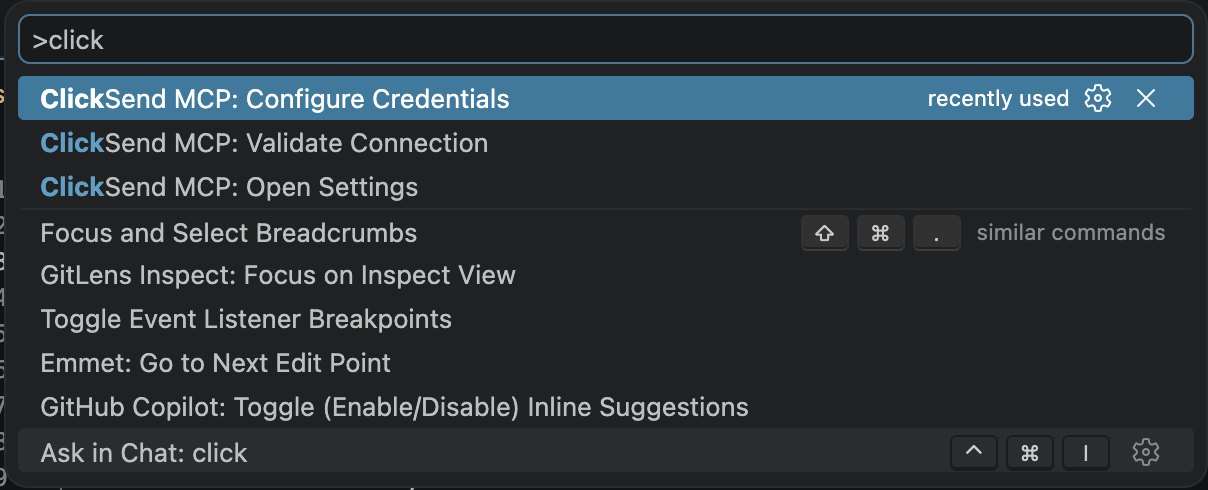 ClickSend MCP VS Code Configure Credentials