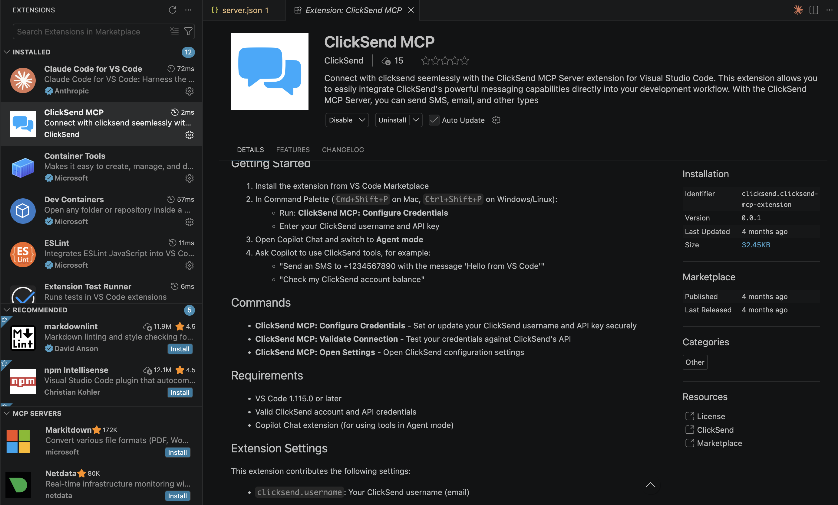 ClickSend MCP Extension Visual Studio Code