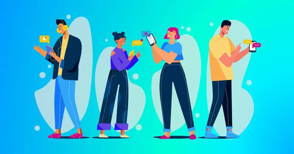 Four different cartoon people using their mobile phones