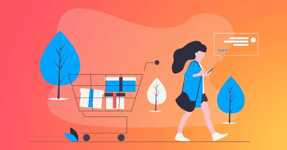 Graphic showing customer walking away from a shopping trolley full of items