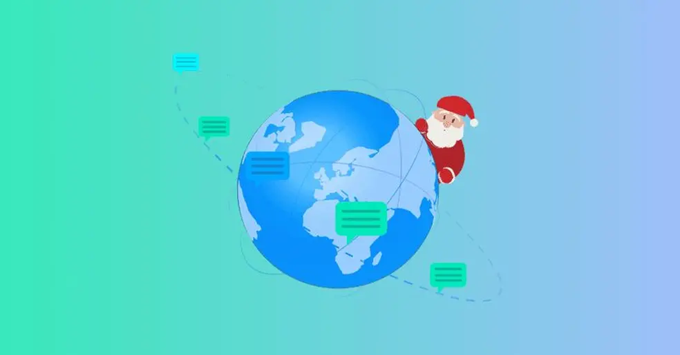 Globe with cartoon Santa peeking out