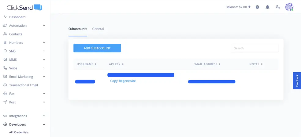 Capture d'écran du tableau de bord ClickSend de la page des sous-comptes pour la clé API