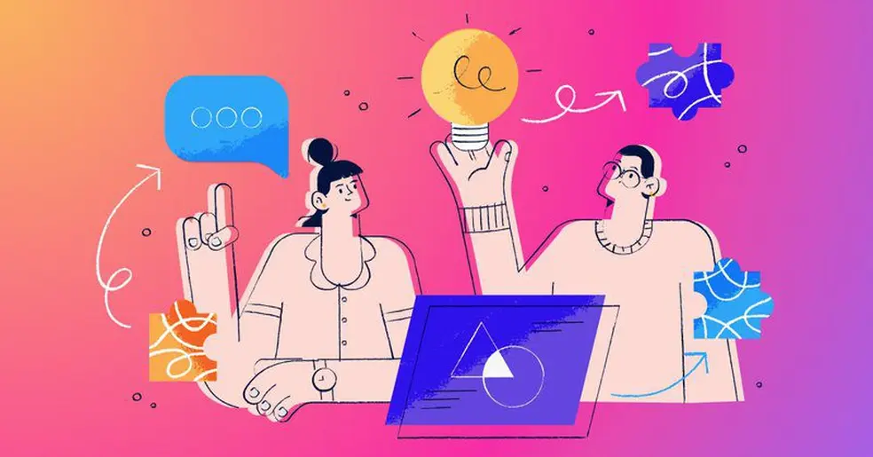 Graphic of woman and man at a laptop with lightbulb and text message bubble