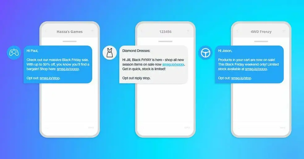3 handsets showing examples of SMS marketing