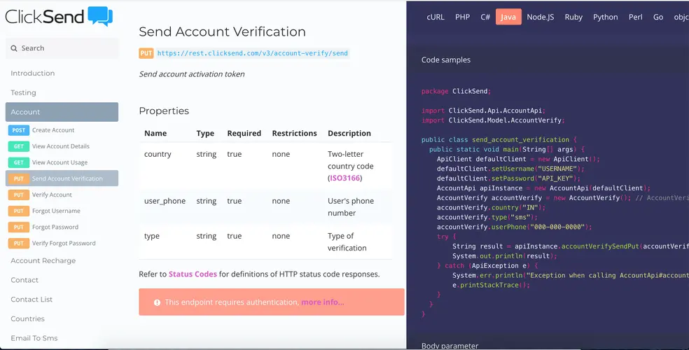 ClickSend documentation of the Send Account Verification API