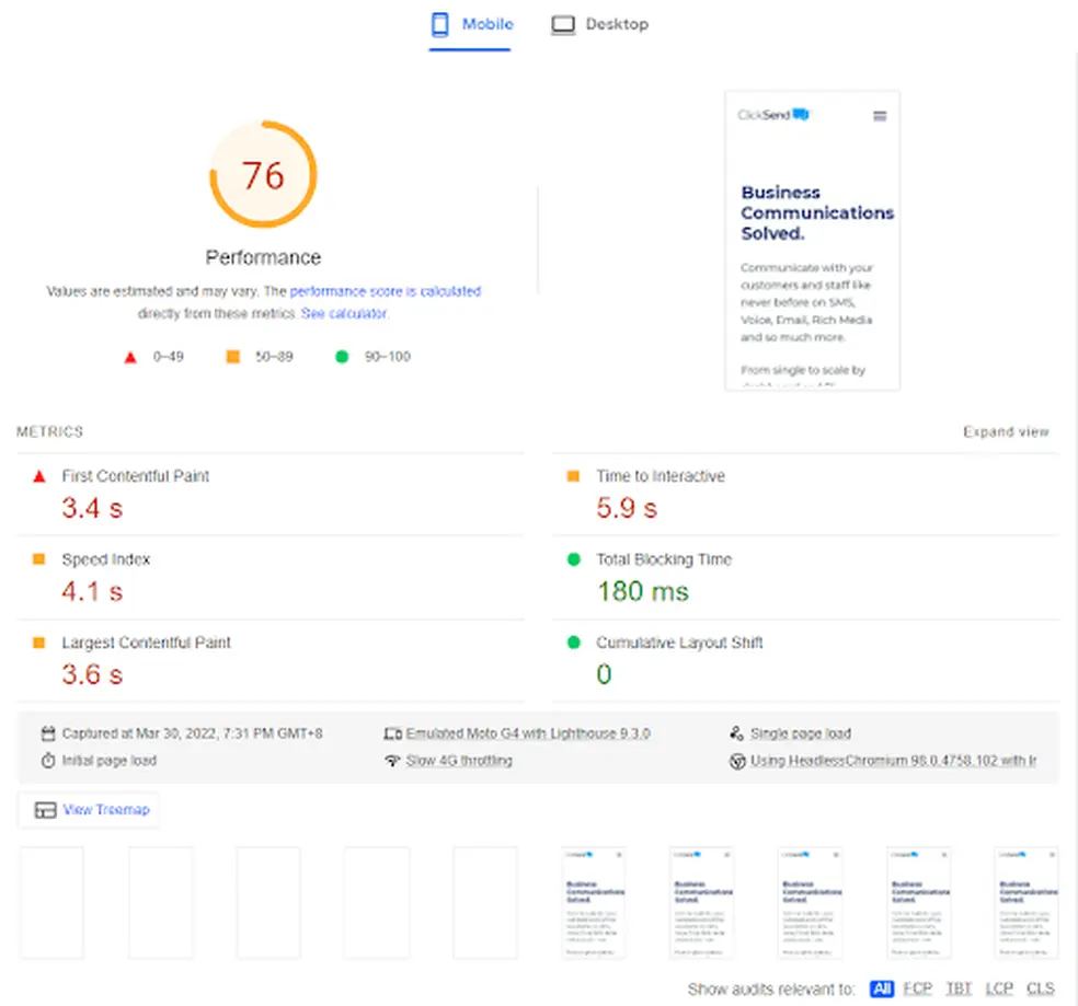 Screenshot showing Google page speed online checker tool